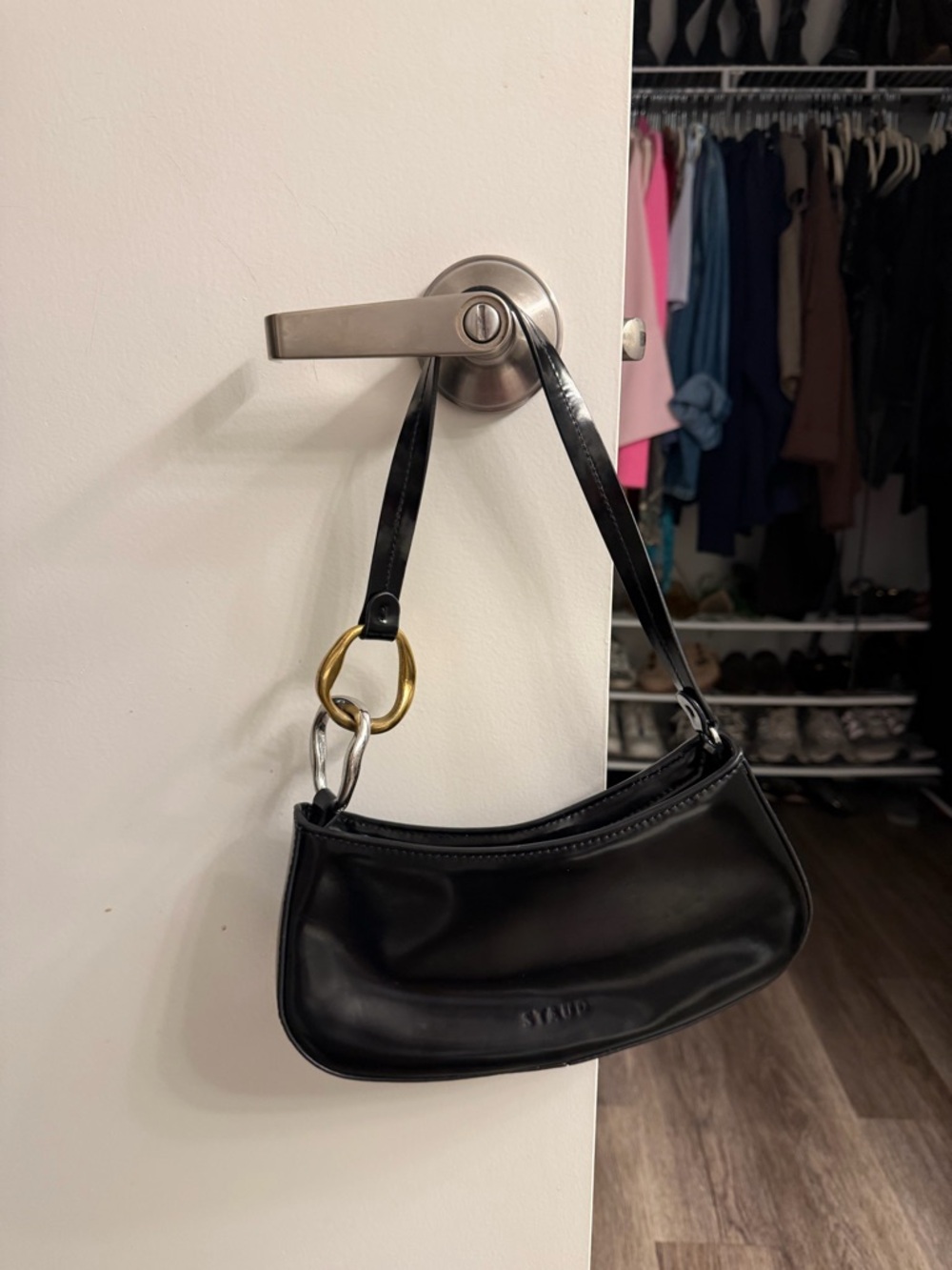 STAUD Black Shoulder Bag with Gold and Silver Ring Detail